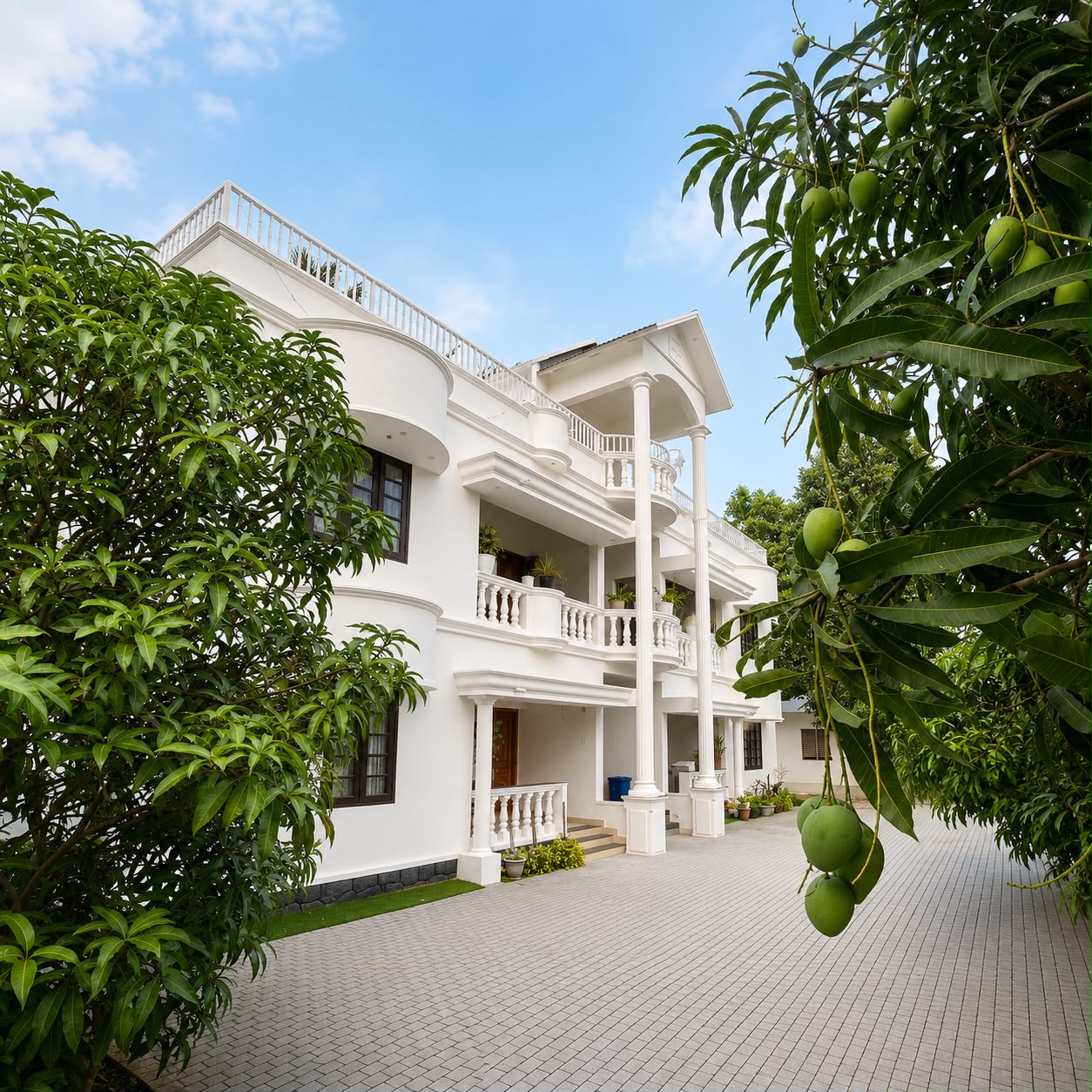 The white Om Shanti Apartments house framed by mango trees